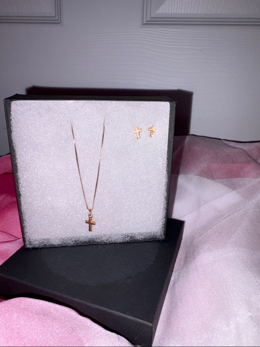 10K Gold Cross Necklace and Stud Earrings Set - Women Jewelry